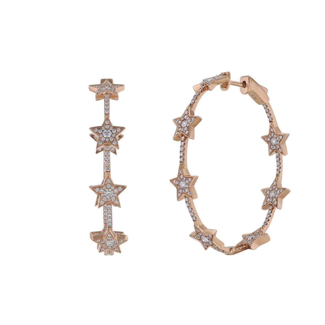 18K Rose Gold Diamond Stars Hoop Earrings
