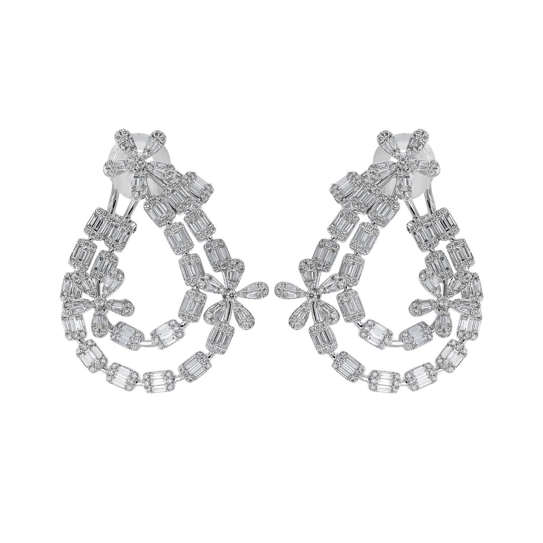 Baguette Round Diamond Flower Earrings