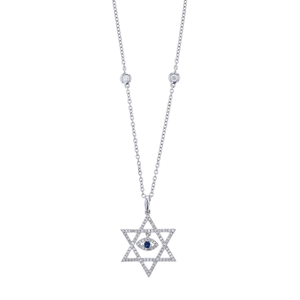 18k White Gold Sapphire Diamond Star of David Necklace