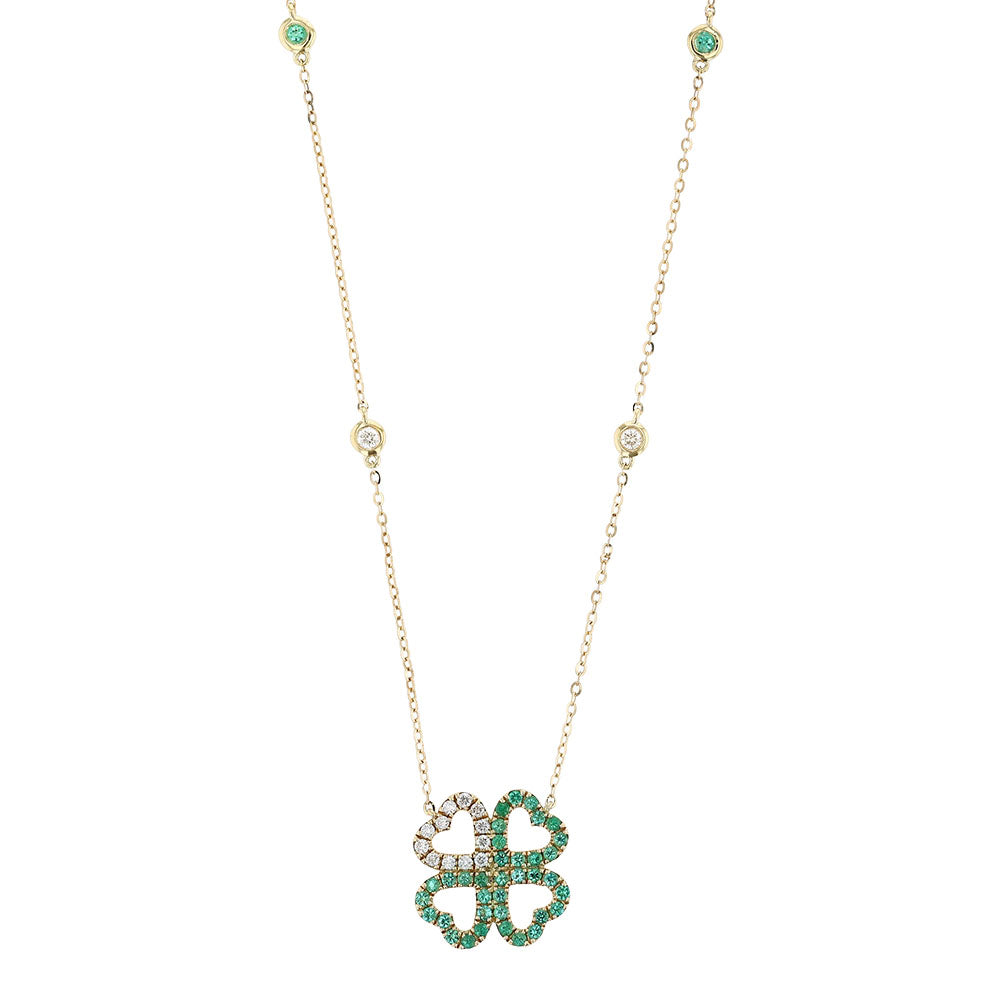 18K Yellow Gold Diamond Emerald Clover Necklace