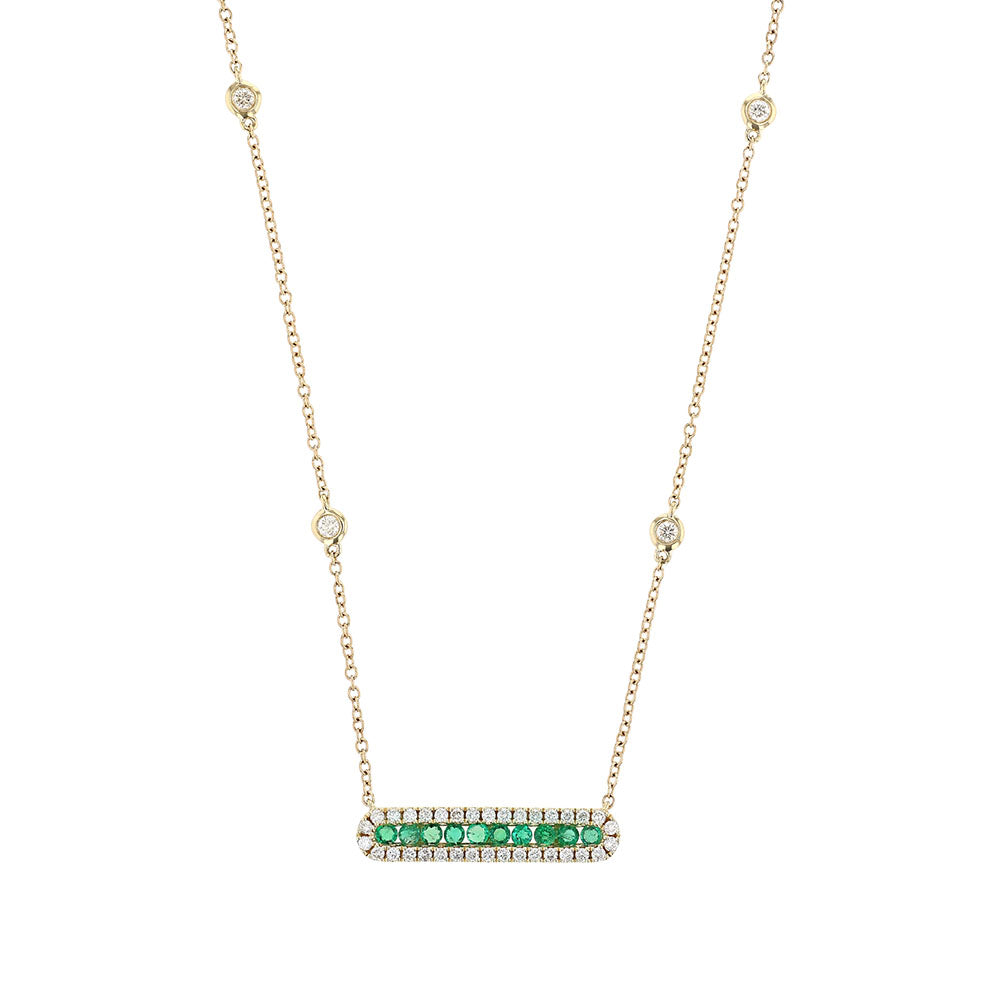 18K White Gold Emerald Diamond Bar Necklace