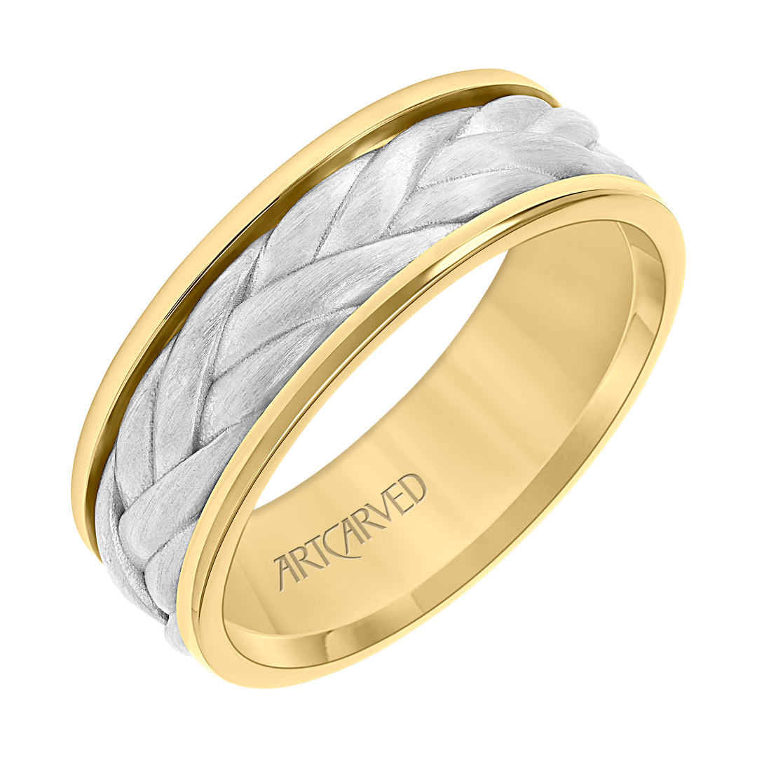 11-WV9214YW7-G.00 - Goldman - 7MM Mens Wedding Band - Brushed Finish with Braided Center Design and Round Edge