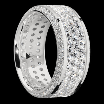 10 mm wide/High Bevel/14K White Gold band with a Bevel Eternity arrangement of .01 carat Round Diamond stones in a Bead setting and featuring a a 3 Row Eternity arrangement of .03 carat Round Diamond stones in a Bead Channel setting