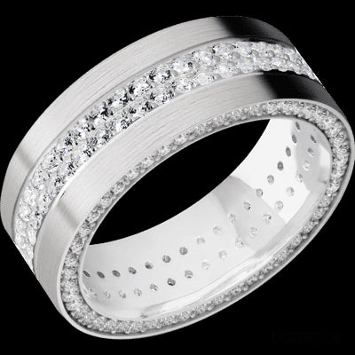 8 mm wide/Flat/14K White Gold band with a Side Eternity arrangement of .01 carat Round Diamond stones in a Bead Channel setting and featuring a a 2 Row Eternity arrangement of .015 carat Round Diamond stones in a Bead Channel setting