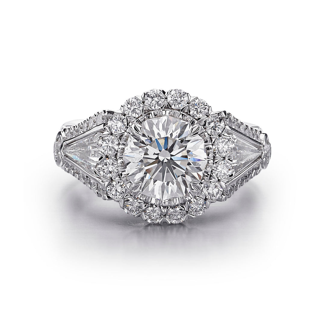 Round Halo with Baguettes Diamond Ring