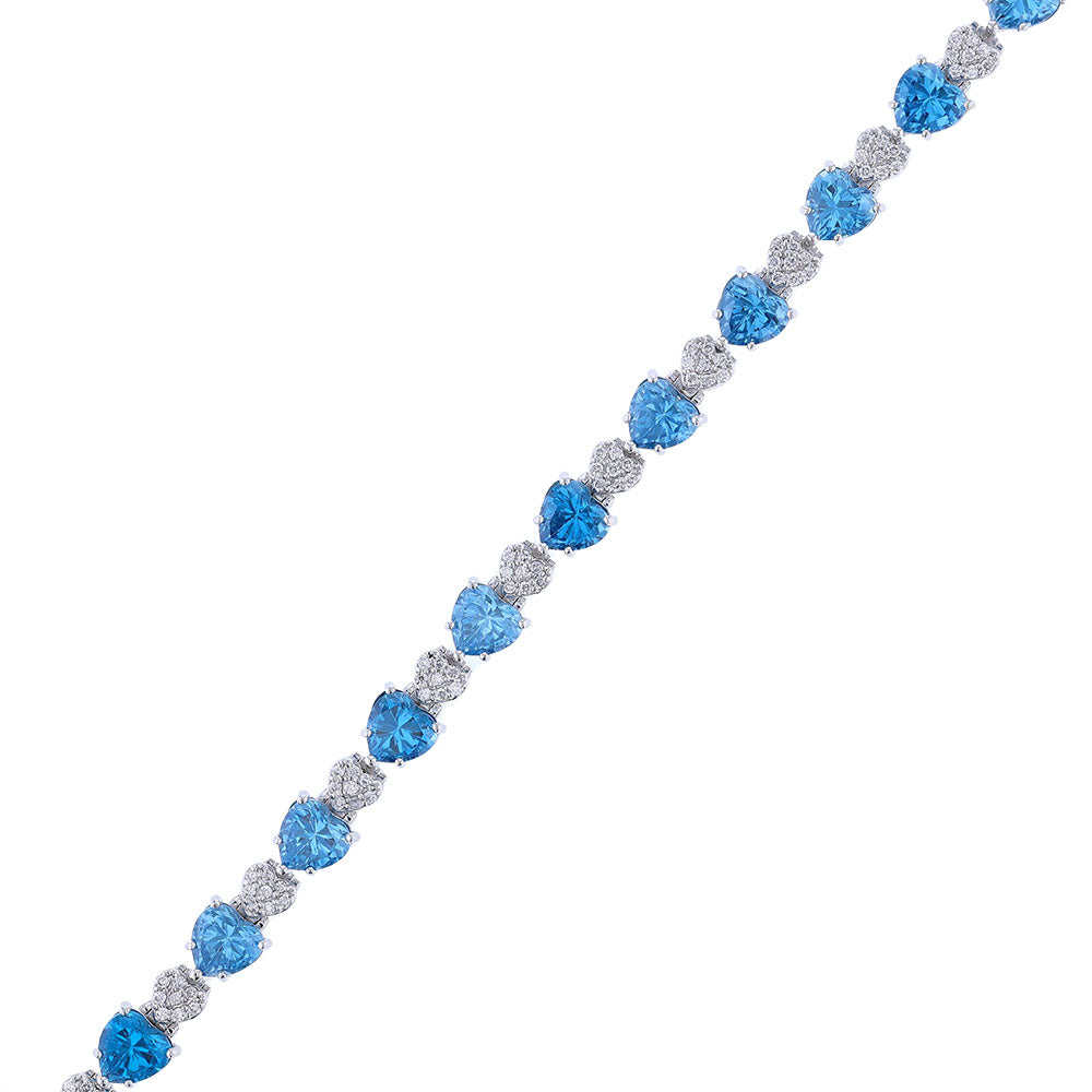 14K White Gold Heart Topaz Diamond Tennis Bracelet