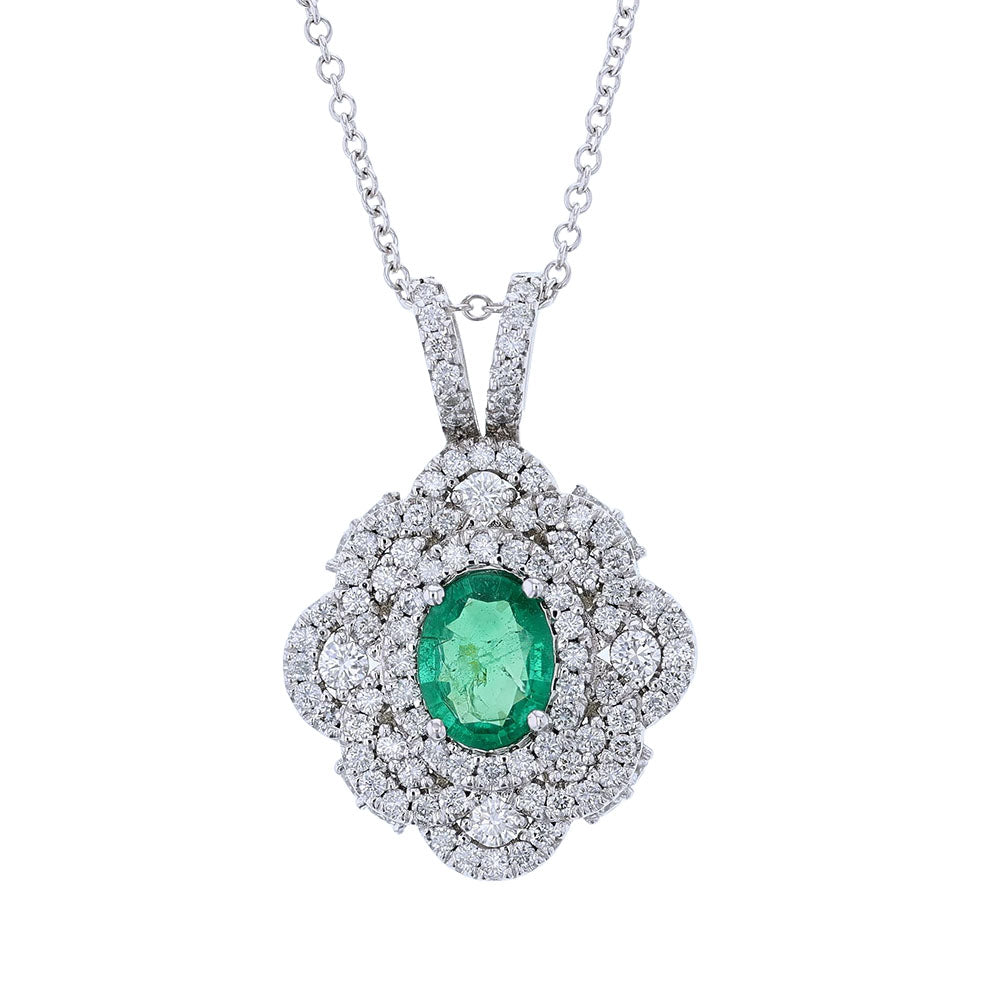 14K White Gold Emerald Diamond Necklace