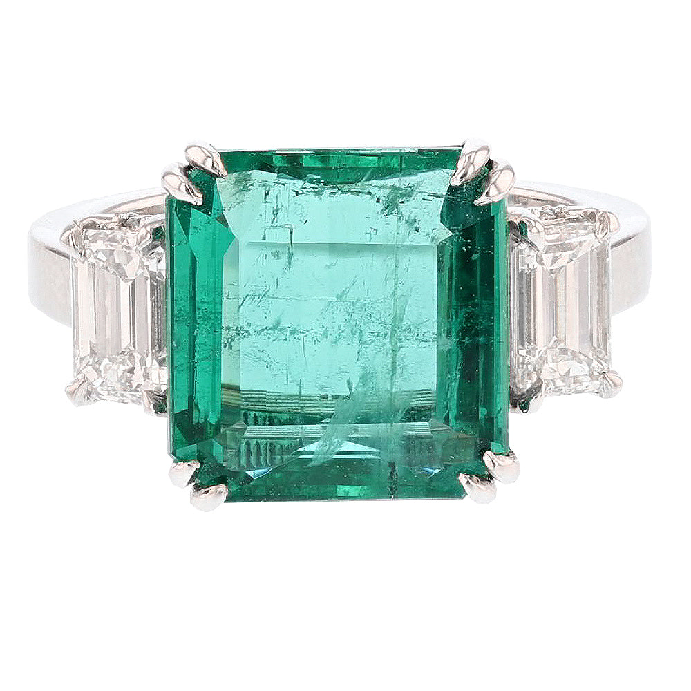White Gold Emerald and Diamond Three Stone Ring