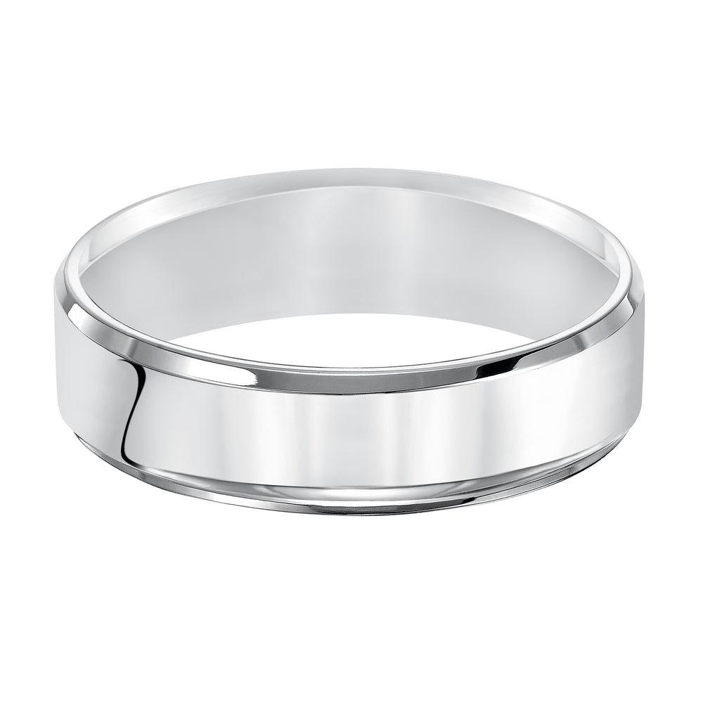 This Comfort Fit, wedding band is crisp and contemporary featuring a high polished beveled edge design