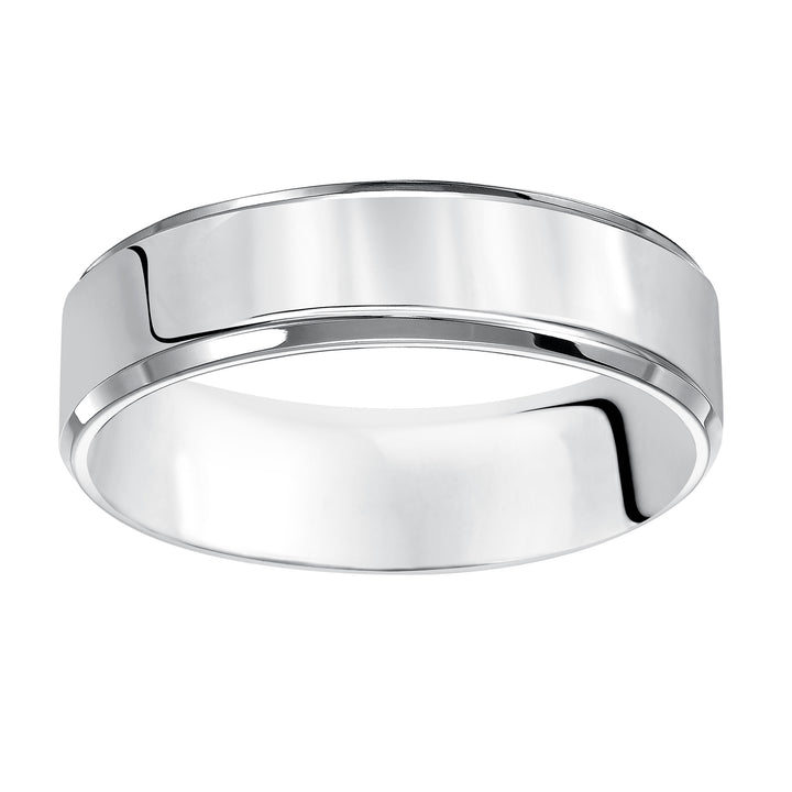 This Comfort Fit, wedding band is crisp and contemporary featuring a high polished beveled edge design