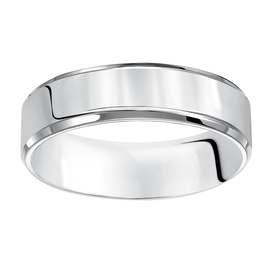 This Comfort Fit, wedding band is crisp and contemporary featuring a high polished beveled edge design