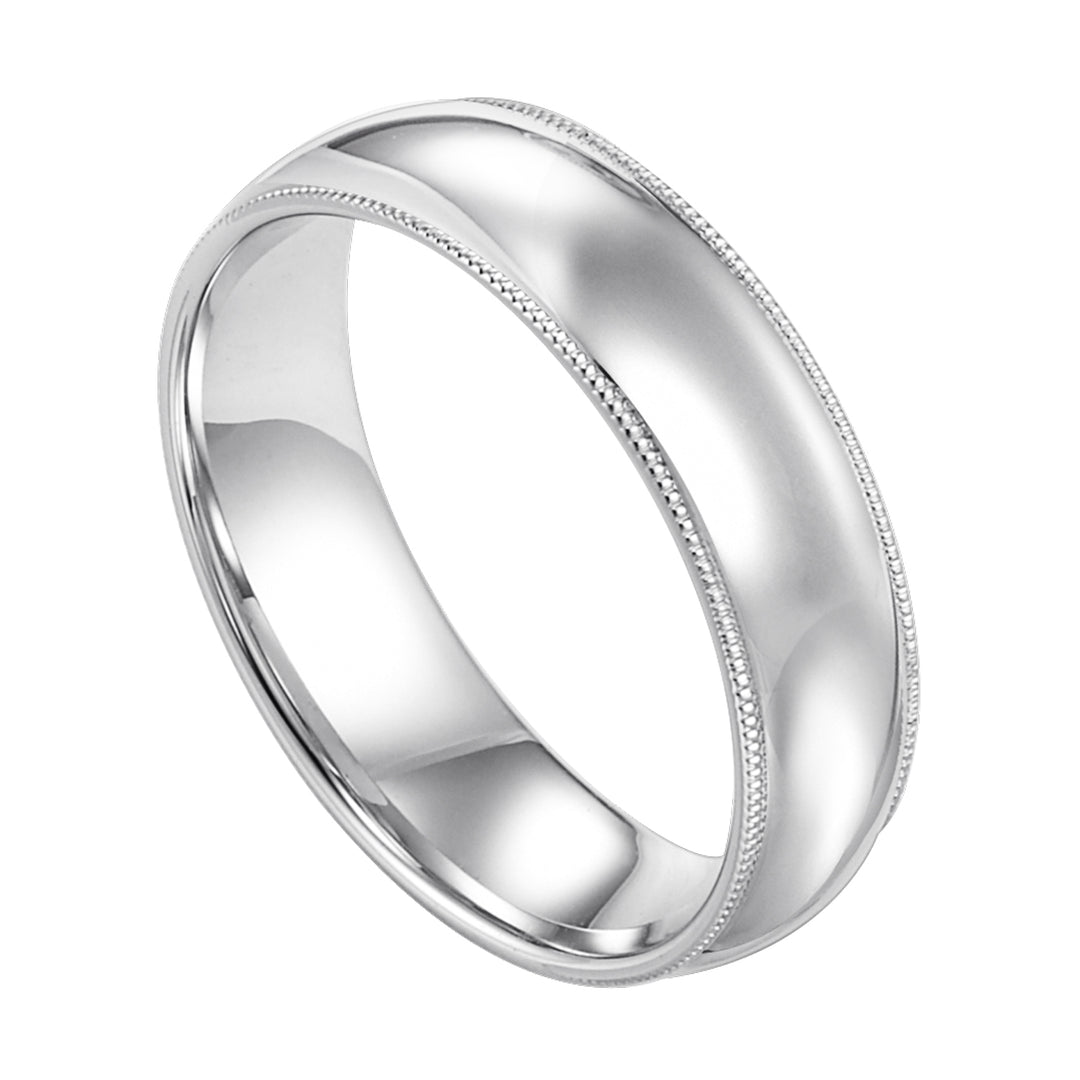 Classic styling is infused into this low-dome, Comfort Fit wedding band design featuring a high polished finish with delicate milgrain detailing