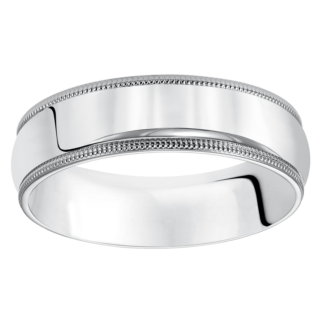 Classic styling is infused into this low-dome, Comfort Fit wedding band design featuring a high polished finish with delicate milgrain detailing