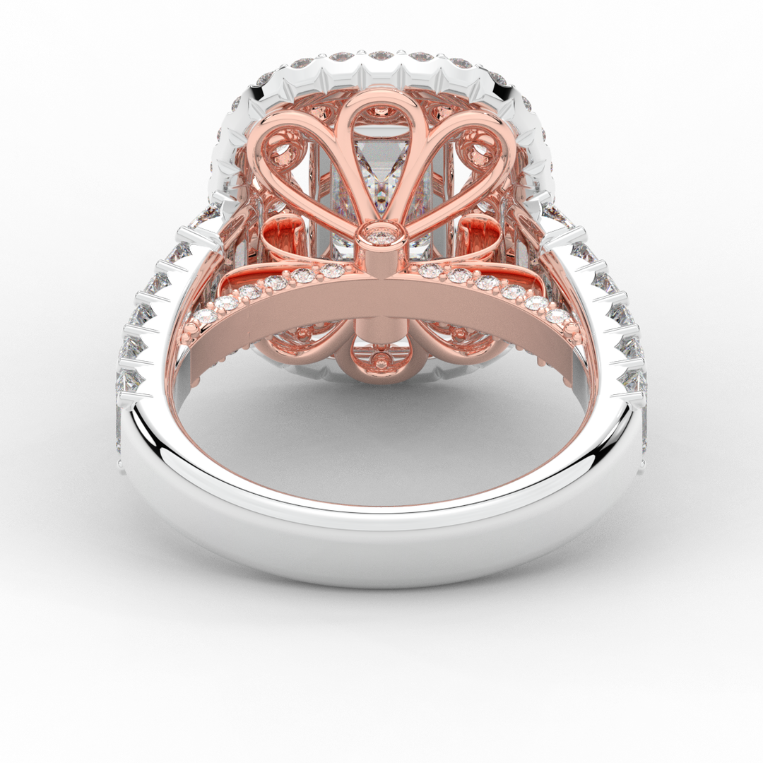 4.70CT.TW EMERALD CUT LAB DIAMOND DOUBLE HALO TWO TONE ENGAGEMENT RING - Nazarelle