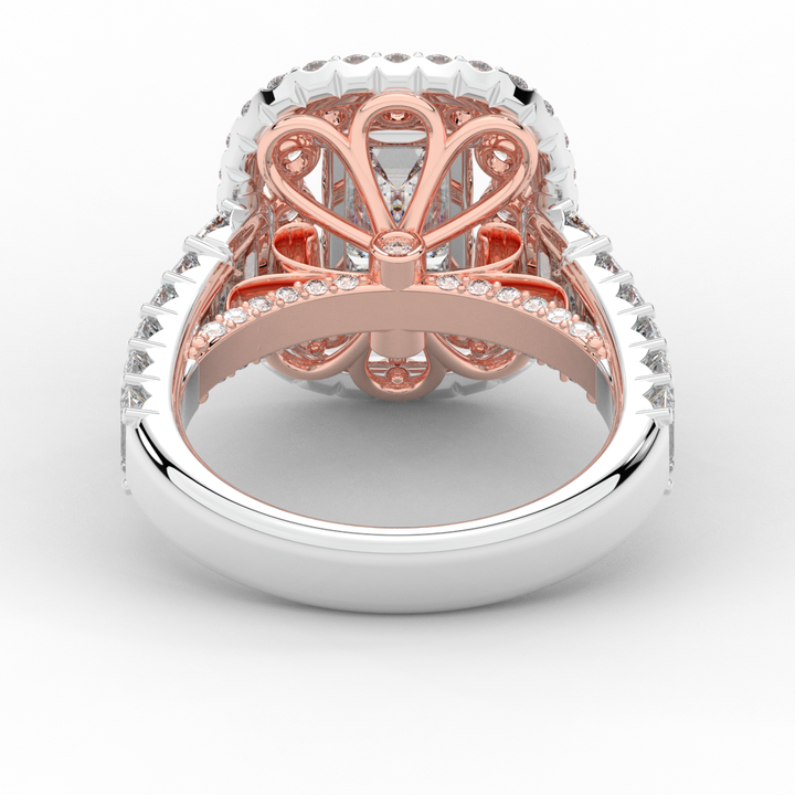 4.70CT.TW EMERALD CUT LAB DIAMOND DOUBLE HALO TWO TONE ENGAGEMENT RING - Nazarelle