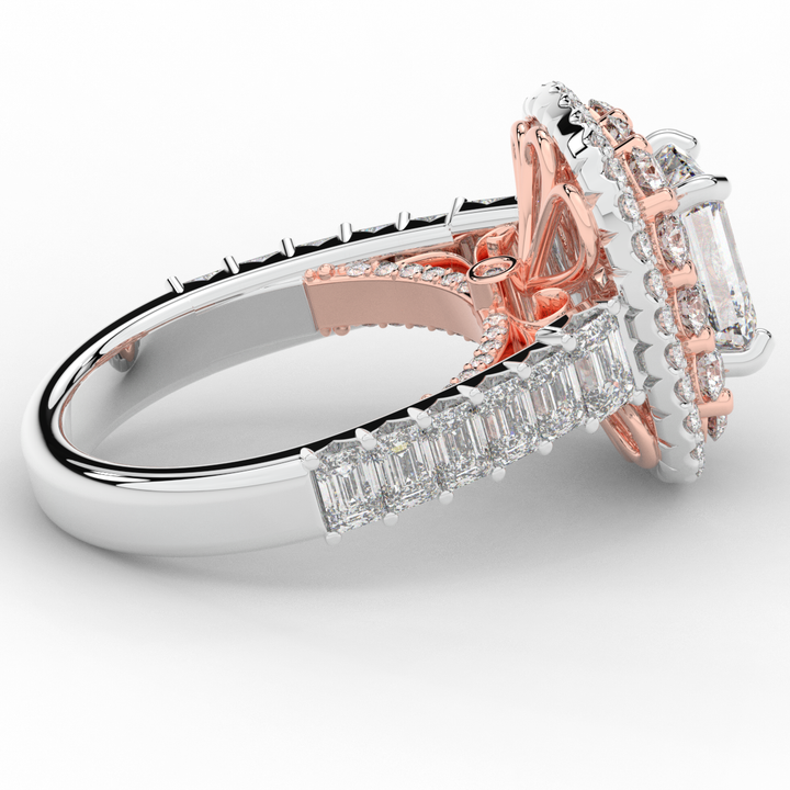 4.70CT.TW EMERALD CUT LAB DIAMOND DOUBLE HALO TWO TONE ENGAGEMENT RING - Nazarelle