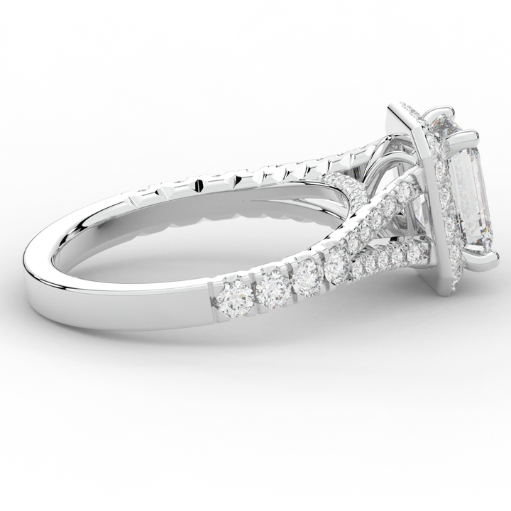2.60CT.TW EMERALD CUT LAB DIAMOND SPLIT SHANK HALO ENGAGEMENT RING - Nazarelle