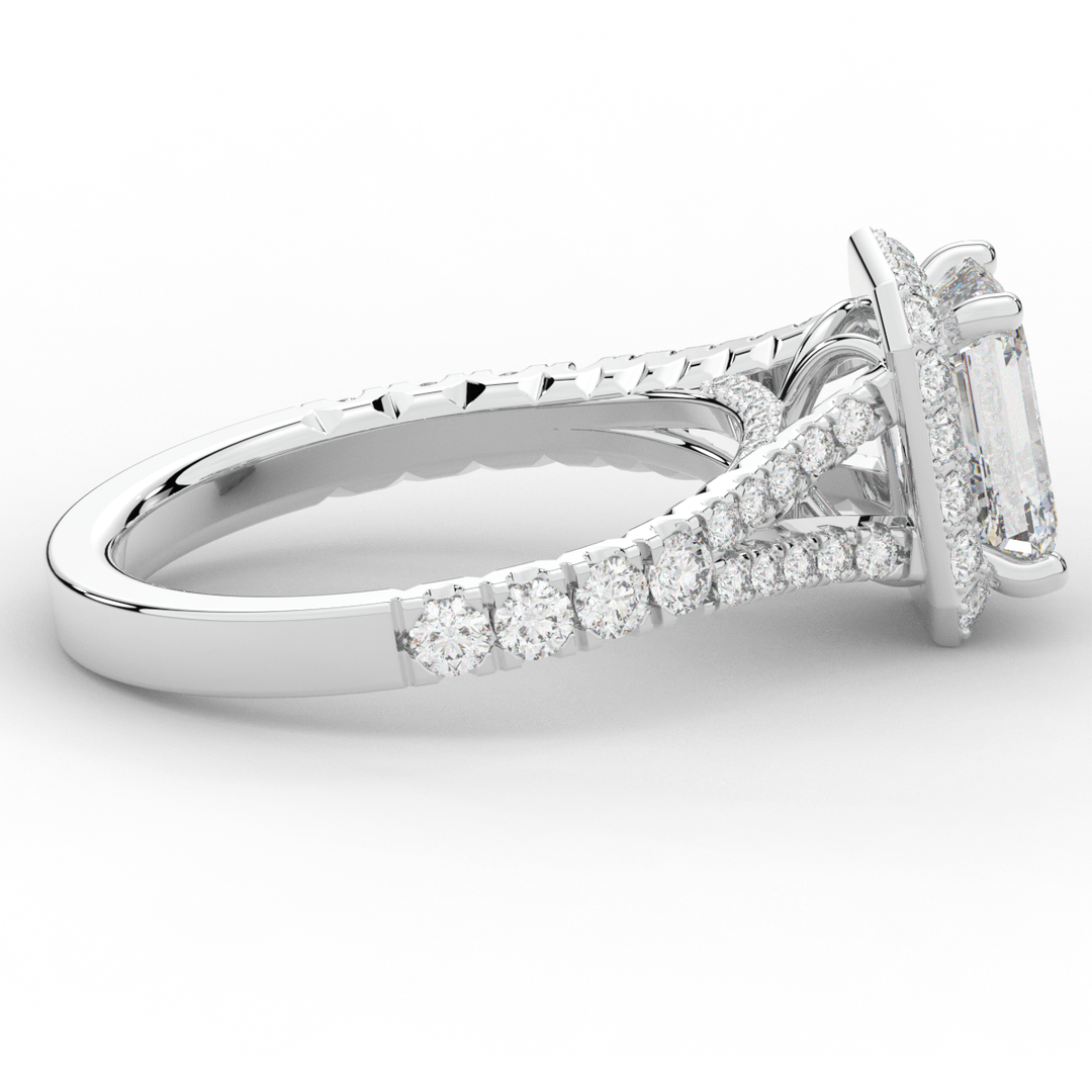 2.60CT.TW EMERALD CUT LAB DIAMOND SPLIT SHANK HALO ENGAGEMENT RING - Nazarelle