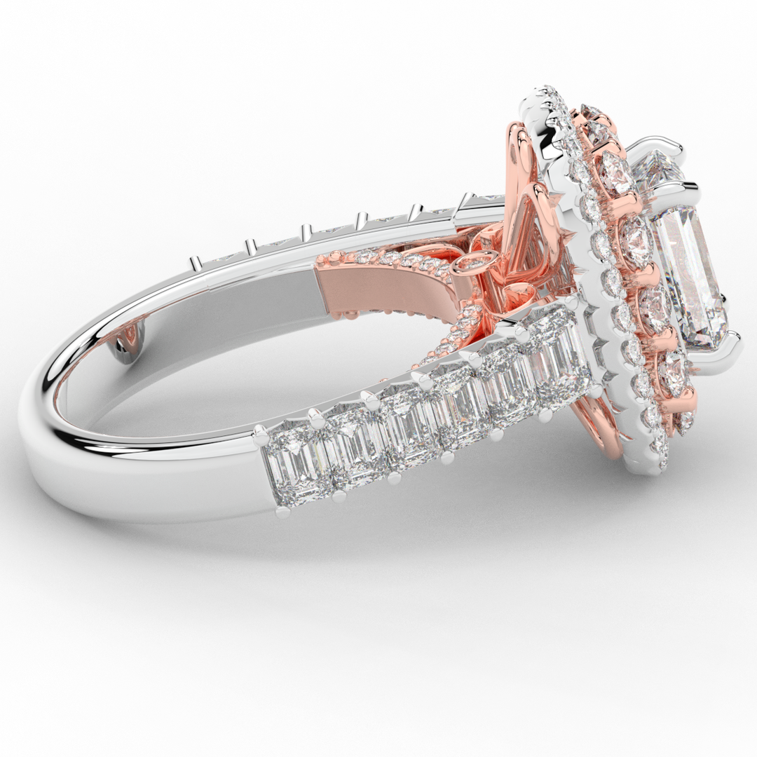 4.70CT.TW EMERALD CUT LAB DIAMOND DOUBLE HALO TWO TONE ENGAGEMENT RING - Nazarelle