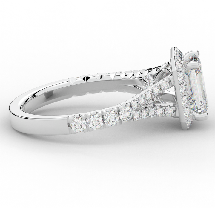 2.60CT.TW EMERALD CUT LAB DIAMOND SPLIT SHANK HALO ENGAGEMENT RING - Nazarelle