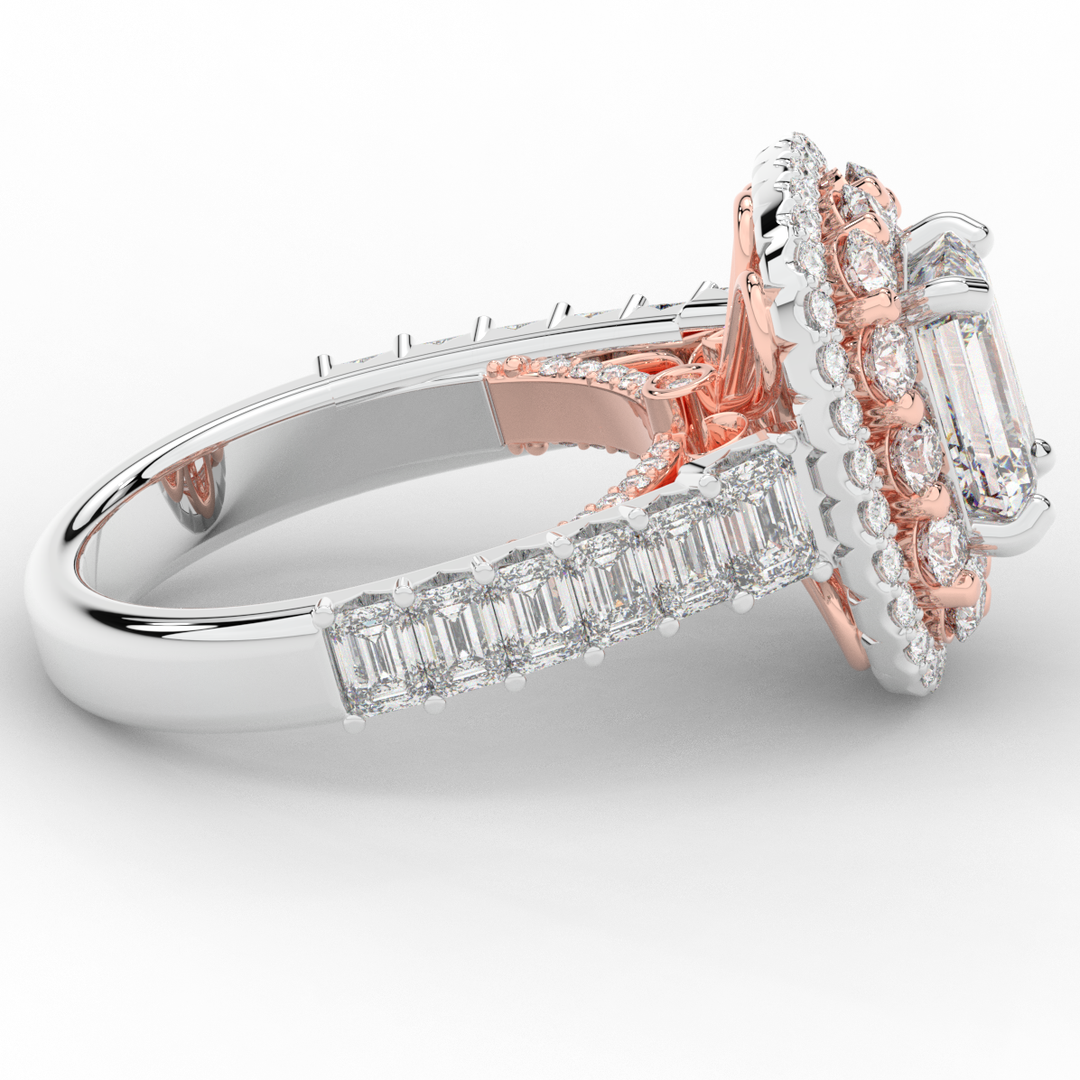 4.70CT.TW EMERALD CUT LAB DIAMOND DOUBLE HALO TWO TONE ENGAGEMENT RING - Nazarelle
