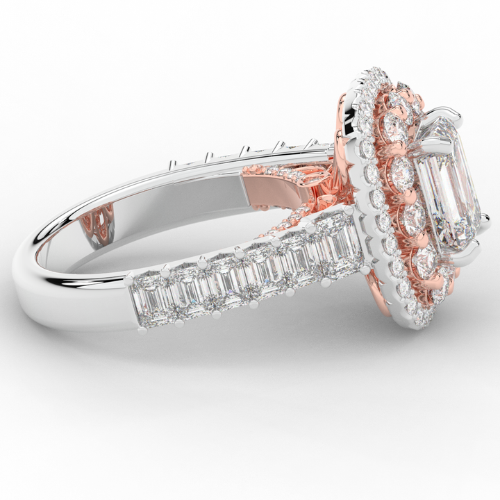 4.70CT.TW EMERALD CUT LAB DIAMOND DOUBLE HALO TWO TONE ENGAGEMENT RING - Nazarelle