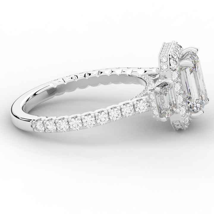3.20CT.TW EMERALD CUT LAB DIAMOND 3 STONE ENGAGEMENT RING - Nazarelle