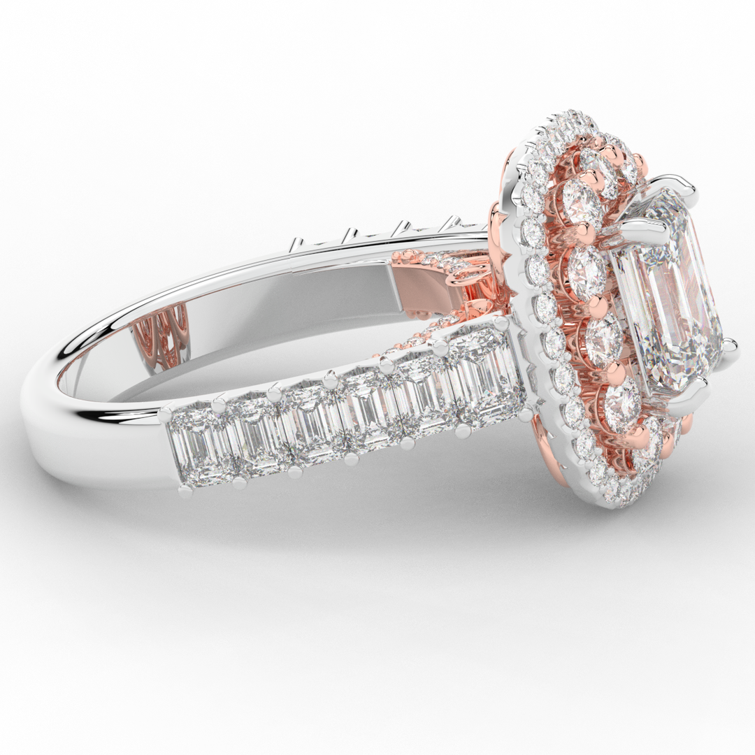 4.70CT.TW EMERALD CUT LAB DIAMOND DOUBLE HALO TWO TONE ENGAGEMENT RING - Nazarelle