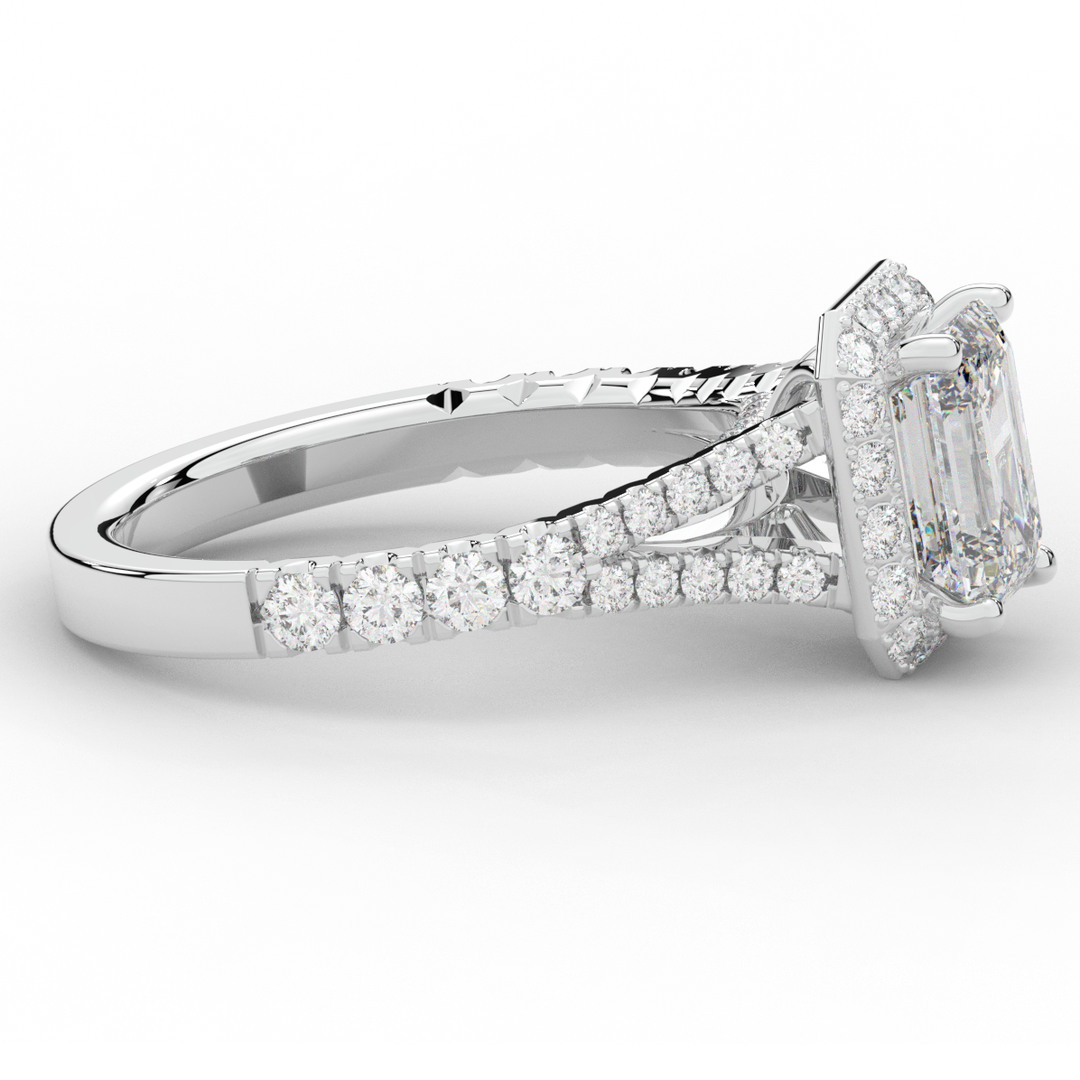 2.60CT.TW EMERALD CUT LAB DIAMOND SPLIT SHANK HALO ENGAGEMENT RING - Nazarelle