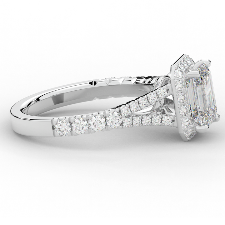 2.60CT.TW EMERALD CUT LAB DIAMOND SPLIT SHANK HALO ENGAGEMENT RING - Nazarelle