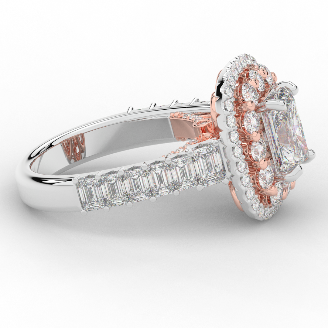 4.70CT.TW RADIANT LAB DIAMOND DOUBLE HALO TWO TONE ENGAGEMENT RING - Nazarelle