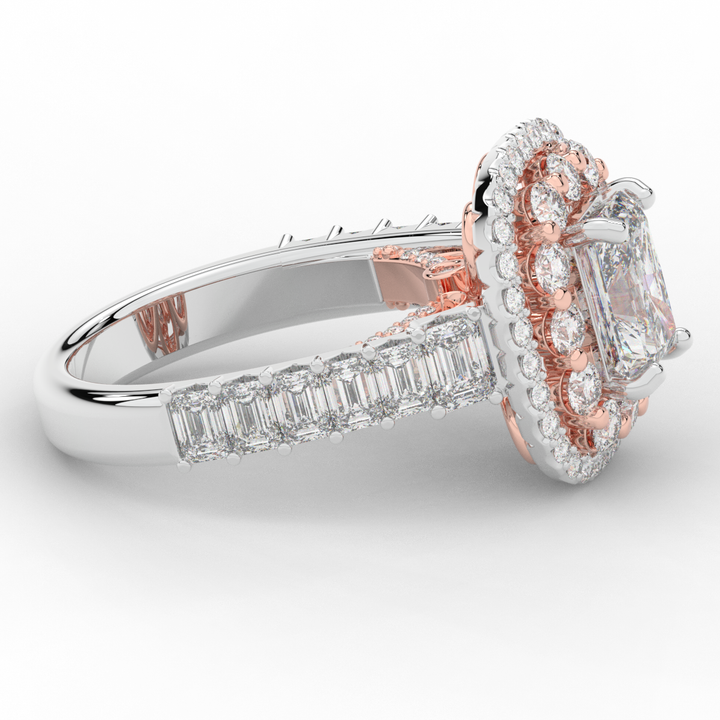 4.70CT.TW RADIANT LAB DIAMOND DOUBLE HALO TWO TONE ENGAGEMENT RING - Nazarelle