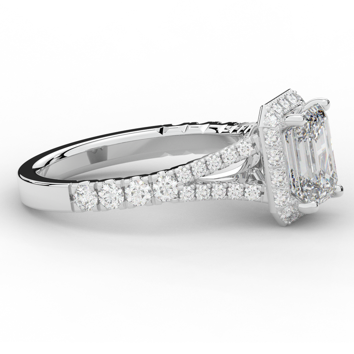 2.60CT.TW EMERALD CUT LAB DIAMOND SPLIT SHANK HALO ENGAGEMENT RING - Nazarelle