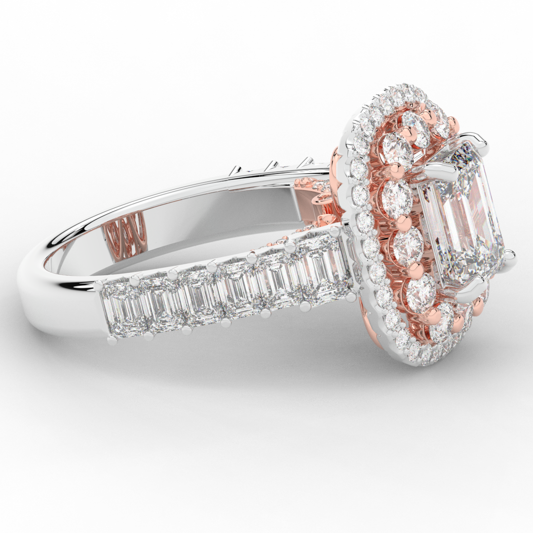 4.70CT.TW EMERALD CUT LAB DIAMOND DOUBLE HALO TWO TONE ENGAGEMENT RING - Nazarelle