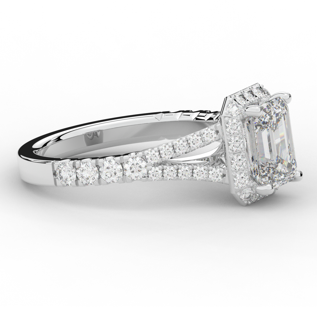 2.60CT.TW EMERALD CUT LAB DIAMOND SPLIT SHANK HALO ENGAGEMENT RING - Nazarelle