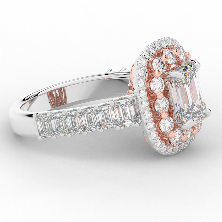 4.70CT.TW EMERALD CUT LAB DIAMOND DOUBLE HALO TWO TONE ENGAGEMENT RING - Nazarelle