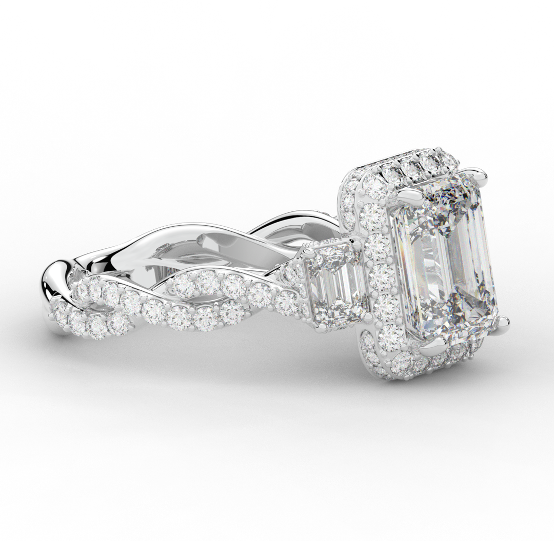 4.70CT.TW EMERALD CUT LAB DIAMOND 3 STONE ENGAGEMENT RING - Nazarelle