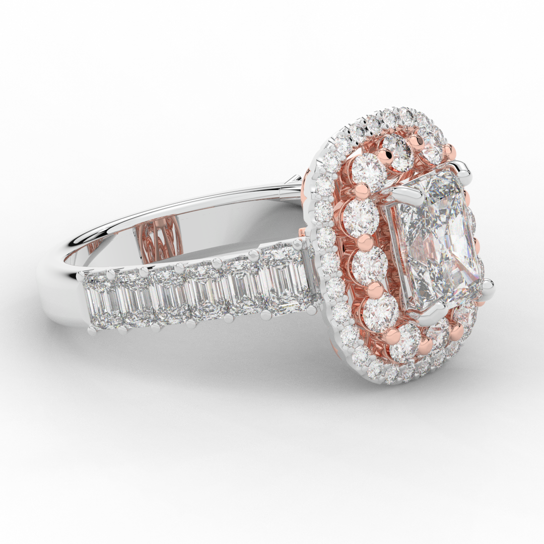 4.70CT.TW RADIANT LAB DIAMOND DOUBLE HALO TWO TONE ENGAGEMENT RING - Nazarelle