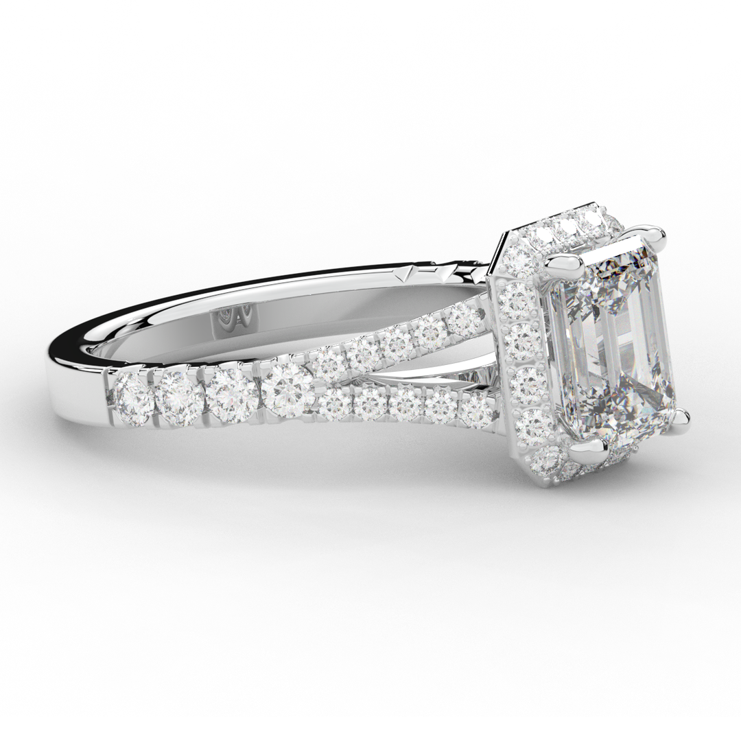 2.60CT.TW EMERALD CUT LAB DIAMOND SPLIT SHANK HALO ENGAGEMENT RING - Nazarelle