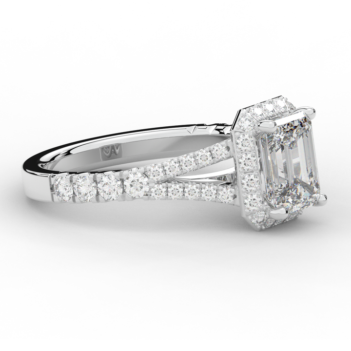 2.60CT.TW EMERALD CUT LAB DIAMOND SPLIT SHANK HALO ENGAGEMENT RING - Nazarelle