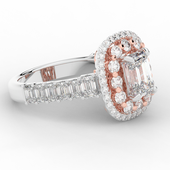 4.70CT.TW EMERALD CUT LAB DIAMOND DOUBLE HALO TWO TONE ENGAGEMENT RING - Nazarelle