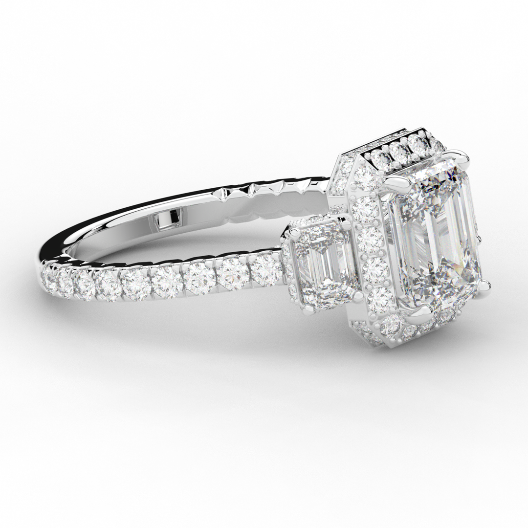 3.20CT.TW EMERALD CUT LAB DIAMOND 3 STONE ENGAGEMENT RING - Nazarelle