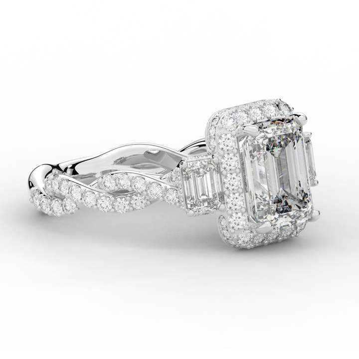 4.70CT.TW EMERALD CUT LAB DIAMOND 3 STONE ENGAGEMENT RING - Nazarelle