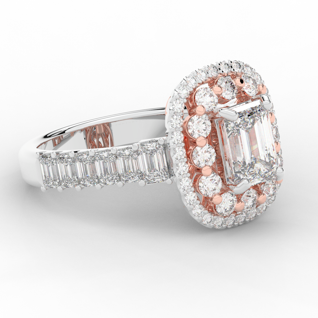 4.70CT.TW EMERALD CUT LAB DIAMOND DOUBLE HALO TWO TONE ENGAGEMENT RING - Nazarelle