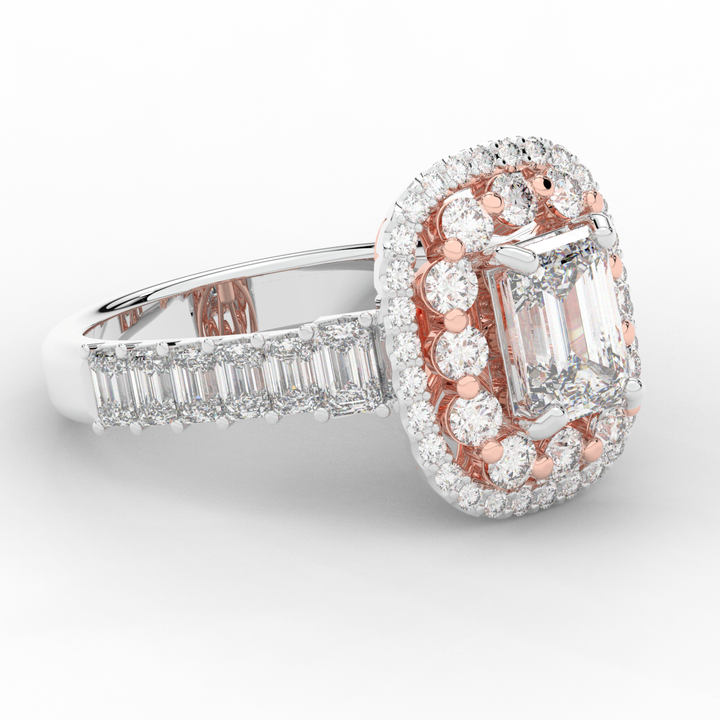 4.70CT.TW EMERALD CUT LAB DIAMOND DOUBLE HALO TWO TONE ENGAGEMENT RING - Nazarelle