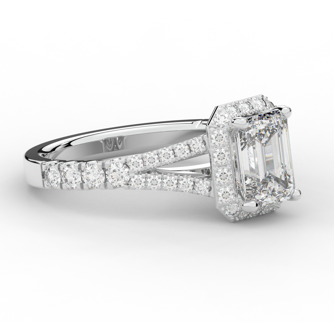 2.60CT.TW EMERALD CUT LAB DIAMOND SPLIT SHANK HALO ENGAGEMENT RING - Nazarelle