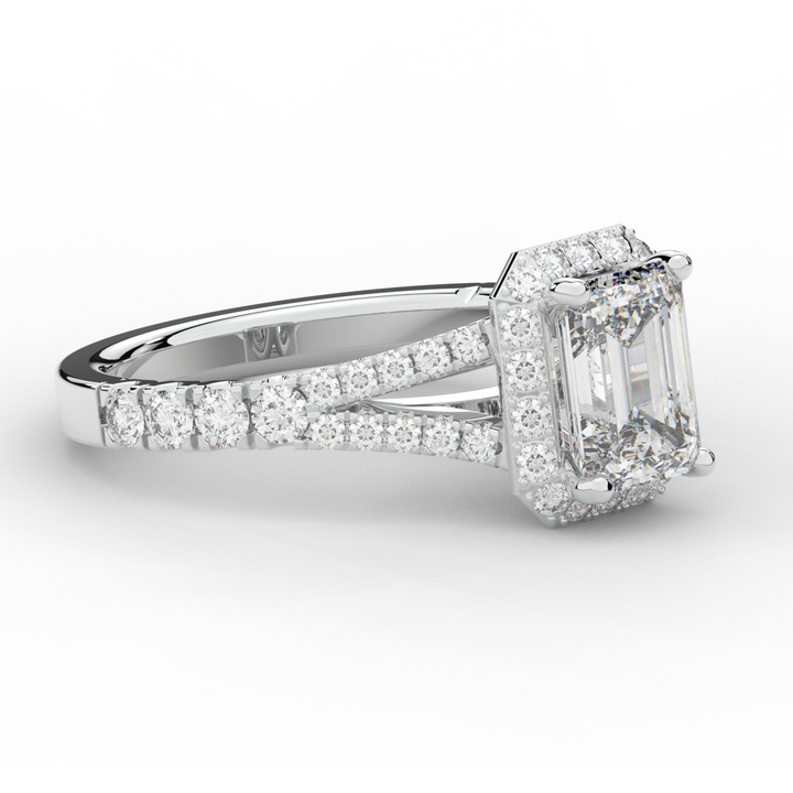 2.60CT.TW EMERALD CUT LAB DIAMOND SPLIT SHANK HALO ENGAGEMENT RING - Nazarelle