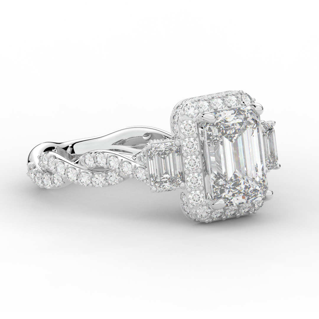 4.70CT.TW EMERALD CUT LAB DIAMOND 3 STONE ENGAGEMENT RING - Nazarelle
