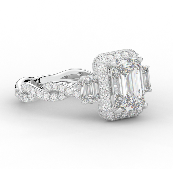4.70CT.TW EMERALD CUT LAB DIAMOND 3 STONE ENGAGEMENT RING - Nazarelle