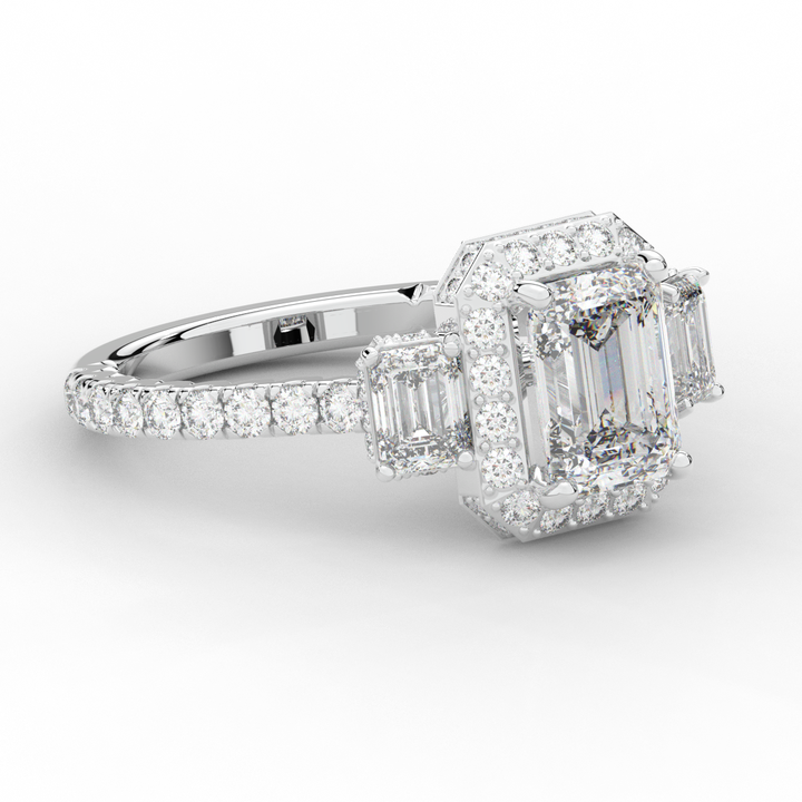 3.20CT.TW EMERALD CUT LAB DIAMOND 3 STONE ENGAGEMENT RING - Nazarelle